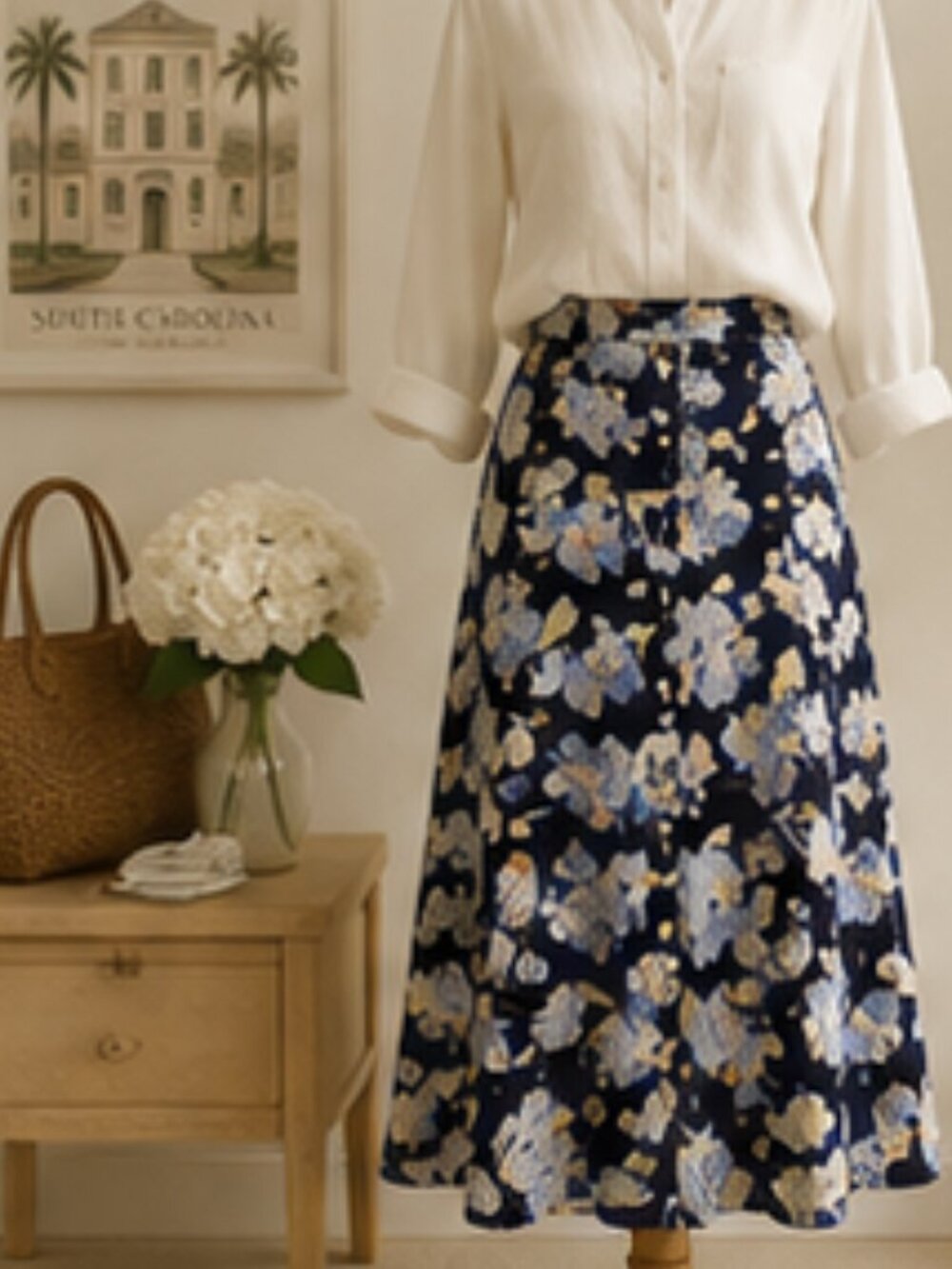 CHAPS Est. 1978 Navy Floral Button Front Midi Skirt | Coastal Garden A-Line 6